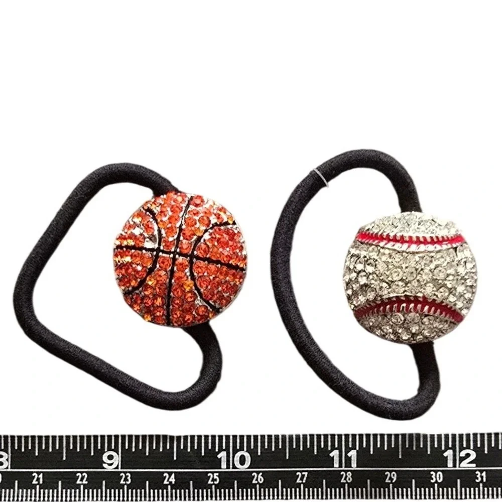 2 New Sports Rhinestone Hair‎ Ties Baseball & Basketball Bling Ponytail Holder